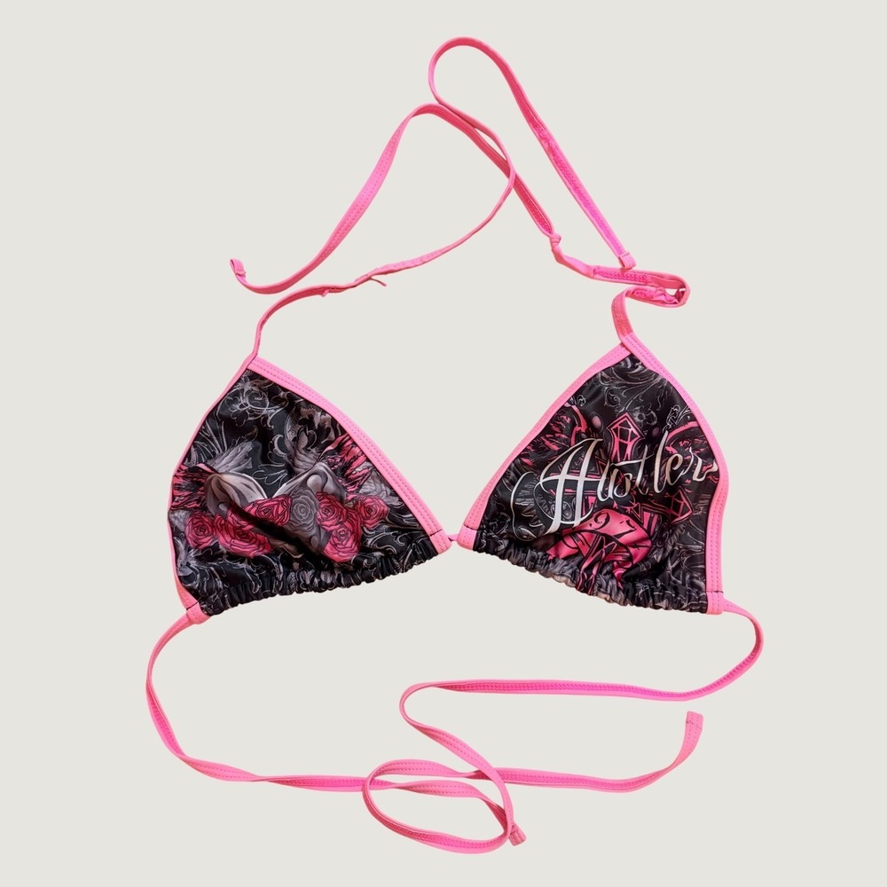 Y2K Hustler Lingerie Pink Scene Rose Graphic Triangle Bikini Top Streetwear #16